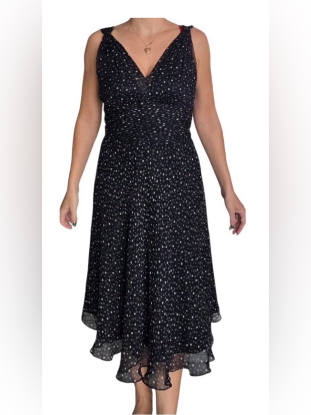 Vintage White House Black Market Black Polka Dot Midi Dress, Size 8